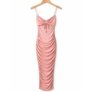 Oh Polly Blush Pink Ruched Midi Dress – UK 4 / US 0 – Bodycon Spaghetti Strap